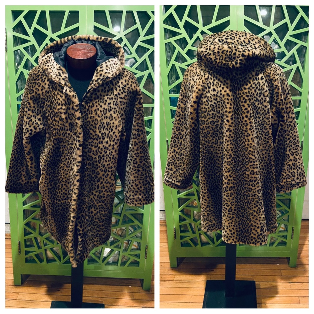 Dennis Basso Luxury Cheetah Print Hooded Faux Fur Coat